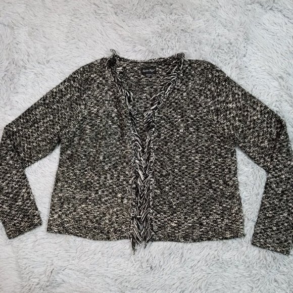 Charlie Paige Womens Sweater Cardigan Black L Open Front Fringe Metallic Evening - Picture 1 of 11